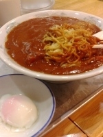 「カレーラーメン大盛（極辛）+温玉+半ライス 850円+100円+」@大沢食堂の写真