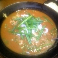 「かれー麺（並盛） 750円+もちもちご飯（小盛） 130円+温泉」@かれー麺 実之和 新宿御苑前店の写真