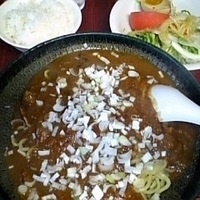 「汁なしカレー麺 （麺多め、サラダ付） 800円+半ライス（サービ」@二代目めん家 味味の写真