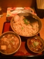 「渓つけめん（太麺） + 大盛り + 味付玉子 + 辛豚」@食処 渓の写真