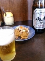 「つけ麺+ビール（アテ付き）」@中華そば べんてんの写真