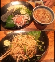 「[6月の創作] 地鶏ユッケの和えつけ麺+梅鶏そぼろ飯」@麺や 庄のの写真