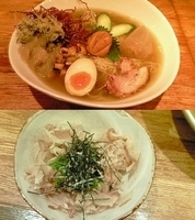 「梅と穴子の玄米茶で煎じた冷し潮らーめん+鰹と九条葱の焼醤油おにぎ」@麺や 庄のの写真