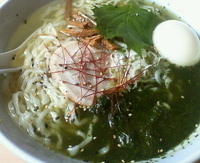 「青しそらーめん（冷たい自家製麺+梅肉抜き）￥800 + 味玉子￥」@自家製ラーメン 菊屋食堂の写真