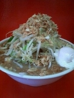 「小ラーメン（ニンニク・野菜）ぶっかけカレー・温卵・アゲネギ」@ラーメン 学の写真