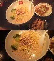 「あさりクリーム平打麺+メンマ+ミニチャーシューご飯」@節骨麺たいぞう 池袋本店の写真