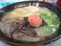 「博多らーめん+明太子+替え玉+ビール+一口餃子（580円+100」@博多ラーメン 清水屋の写真