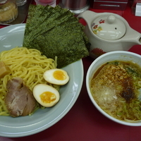 「スタミナバーベキューつけ麺（ アブラ多め）+海苔増し（携帯メール」@ラーメン山岡家 春日部店の写真