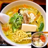 「夏野菜カレーラーメン+雑炊セット（9/3迄/夜の部限定） 940」@麺ぽーかろぅの写真