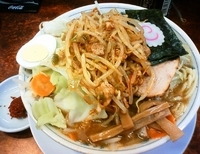 「中華そば（麺チョイ少なめ、味濃いめ、脂多め）+辛味モヤシ+野菜」@東池袋大勝軒 神奈川新町店の写真