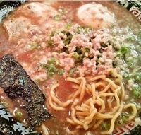 「とんこつラーメン（カタメ・ネギ多め・こってり）+半熟味玉+替え玉」@無鉄砲 東京中野店の写真