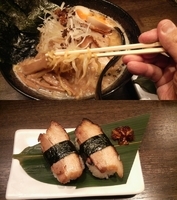 「豚骨らーめん・豪快全部盛り+炙り焼豚寿司」@麺屋 立葵の写真