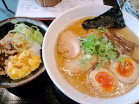 「煮干し煮玉子ラーメン750円+（Bランチ三色ミニ丼100円）=8」@ラーメン一心 本店の写真