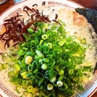 「ラーメン(ハリガネ)+ねぎ+替玉「赤」(バリカタ)」@博多ラーメン かつ屋の写真