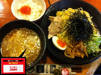 「醤油つけ麺+ワンタン3個+ライス（たらこ）」@麺処 芳たけの写真