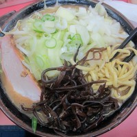 「ラーメン（中盛）＋ヤサイマシ（多め）＋キクラゲ＋タマネギ」@王道家の写真