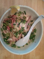 「鶏塩特製あえそば冷しカルボナーラ仕立て+〆リゾット￥1000」@麺や 福一の写真