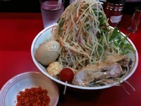 「冷やし中華780円（ﾔｻｲ・ﾆﾝﾆｸ・ｶﾗﾒ・辛揚げ）味玉」@千里眼の写真