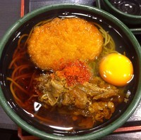 「朝定食 牛皿（￥450）＋コロッケ（クーポン）」@ゆで太郎 大崎広小路店の写真