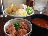 「【限定】海鮮チリソースつけ麺＆桜エビと塩こんぶごはん＆味玉」@ラーメン ひかりの写真