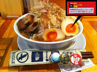 「ラーメン（ニンニク少なめ、ヤサイカツオアブラチョイマシ）+半熟味」@ラーメン・つけ麺 神起の写真