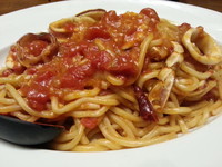 「【気まぐれアキラ式パスタ】イカカニトマト（大）￥880＋麦酒」@ラーメンアキラの写真