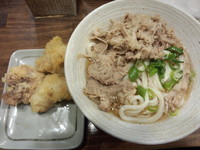 「肉ぶっかけうどん(冷）(500円)＋鶏天(100円)」@おにやんまの写真