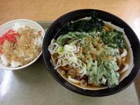 「一石二鳥Bうどん(春菊天わかめうどん+そぼろご飯)500円」@たかべん 0番線ホーム店の写真