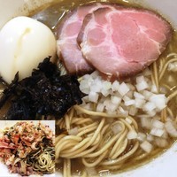 「特濃煮干ソバ BAIKAN＋出汁玉＋和え玉（烏賊墨ソース）」@煮干中華ソバ イチカワの写真