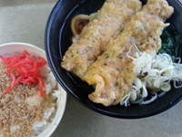 「一石二鳥Aうどん(豚天ホウレン草+そぼろご飯)500円」@たかべん 0番線ホーム店の写真