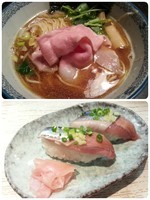 「煮干しそば￥750＋秋刀魚の握り￥300」@中華そば 四つ葉の写真