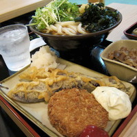 「肉うどん + 大盛 + 茄子天 + メンチコロッケ」@たも屋 有楽町店の写真