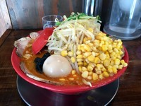 「辛みそラーメン ドッカン!全部盛り(1,150円)」@手打ち極太麺 ジョニーの味噌の写真
