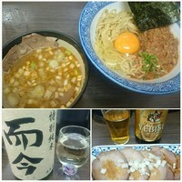 「【限定】エビ味噌かま玉つけそば＋びんビール＋日本酒 他」@頓知房の写真
