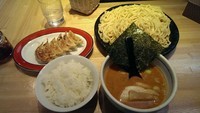 「辛味噌つけ麺、大盛り、ライス、餃子（サービス券）」@つけ麺 ががちゃいの写真