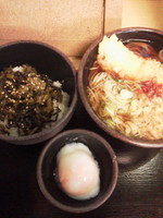 「朝定食Ｂ高菜（温玉別皿）\360＋イカ天（クーポン）」@ゆで太郎 六番町店の写真