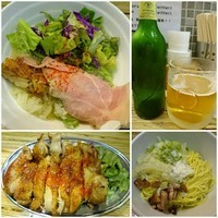 「鶏ソバ＋ホタテ風味の替え玉＋ナマイキチキン＋ビール」@NOODLE STOCK 鶴おかの写真