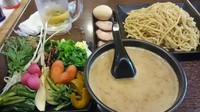 「味玉チャーシュー野菜つけめん+ギョーザ+生ビール」@caminoの写真