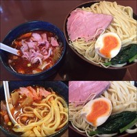 「冷し辛肉もりそば（麺ハーフ＆ハーフ　大盛り）＋ローストポーク」@UNDER GROUND RAMENの写真