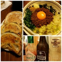 「まぜそば 750円 大餃子 300円 ホッピー380 円」@麺 酒 やまのの写真