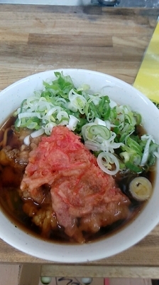 「ジャンボゲソ天＋半分紅生姜天」@一由そば 日暮里店の写真