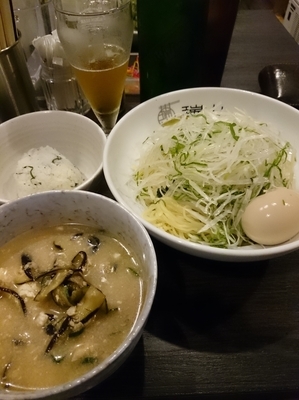 「【限定】鯵の冷や汁つけそば(割りじゃこ飯付)830円＋ビール」@中華蕎麦 瑞山（ZUIZAN）の写真