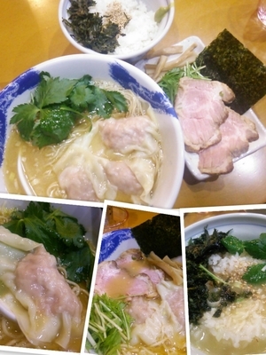 「タマシャモと天然真鯛のワンタンメン+アオサ海苔と山葵の茶漬」@麺屋 扇 SENの写真