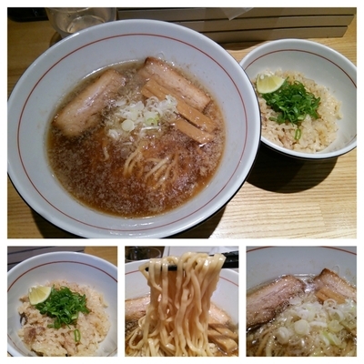 「背脂煮干しそば(醤油）750円+炊き込みご飯」@地球の中華そばの写真