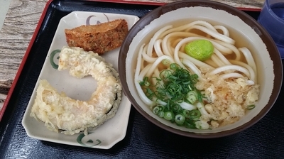 「かけうどんの小、かぼちゃ天、ギョロッケ」@池上製麺所の写真