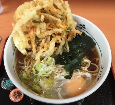 「かき揚げそば＋生玉子（￥390＋￥無料クーポン）」@名代 箱根そば 相武台前店の写真