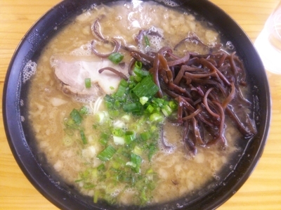 「豚骨ラーメン（こってり、ハリガネ）＋替玉（粉おとし）」@豚骨ラーメン 新井商店の写真