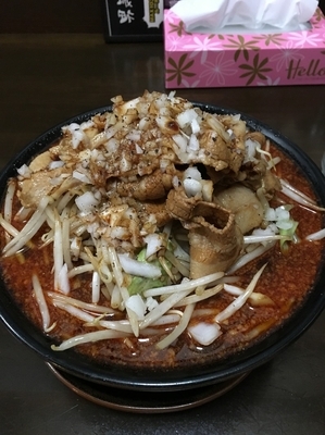 「赤醤油ラーメン デスステージ1、肉増し、野菜増し、ニンニク、」@男気らーめんアカギ 栃木佐野店の写真