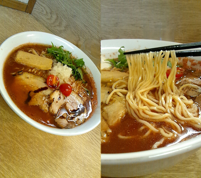 「『トマト味噌 大(￥880)』を普通麺(たまご麺)で…」@麺処 あずきの写真