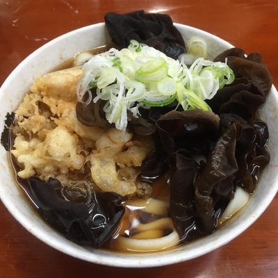 「かけ＋貝柱かき揚げ＋木クラゲ（￥260+￥150+￥100）」@二葉の写真